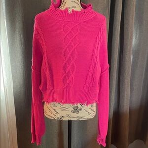 Hot Pink Cable Knit Ruffle Turtleneck Sweater - Women's